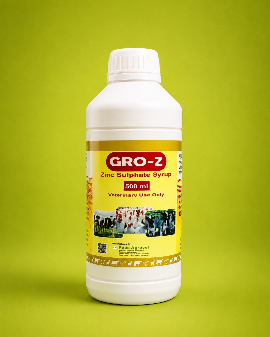 A white plastic bottle labeled GRO-Z Zinc Sulphate Syrup 500 ml Veterinary Use Only with images of animals, set against a green background.
