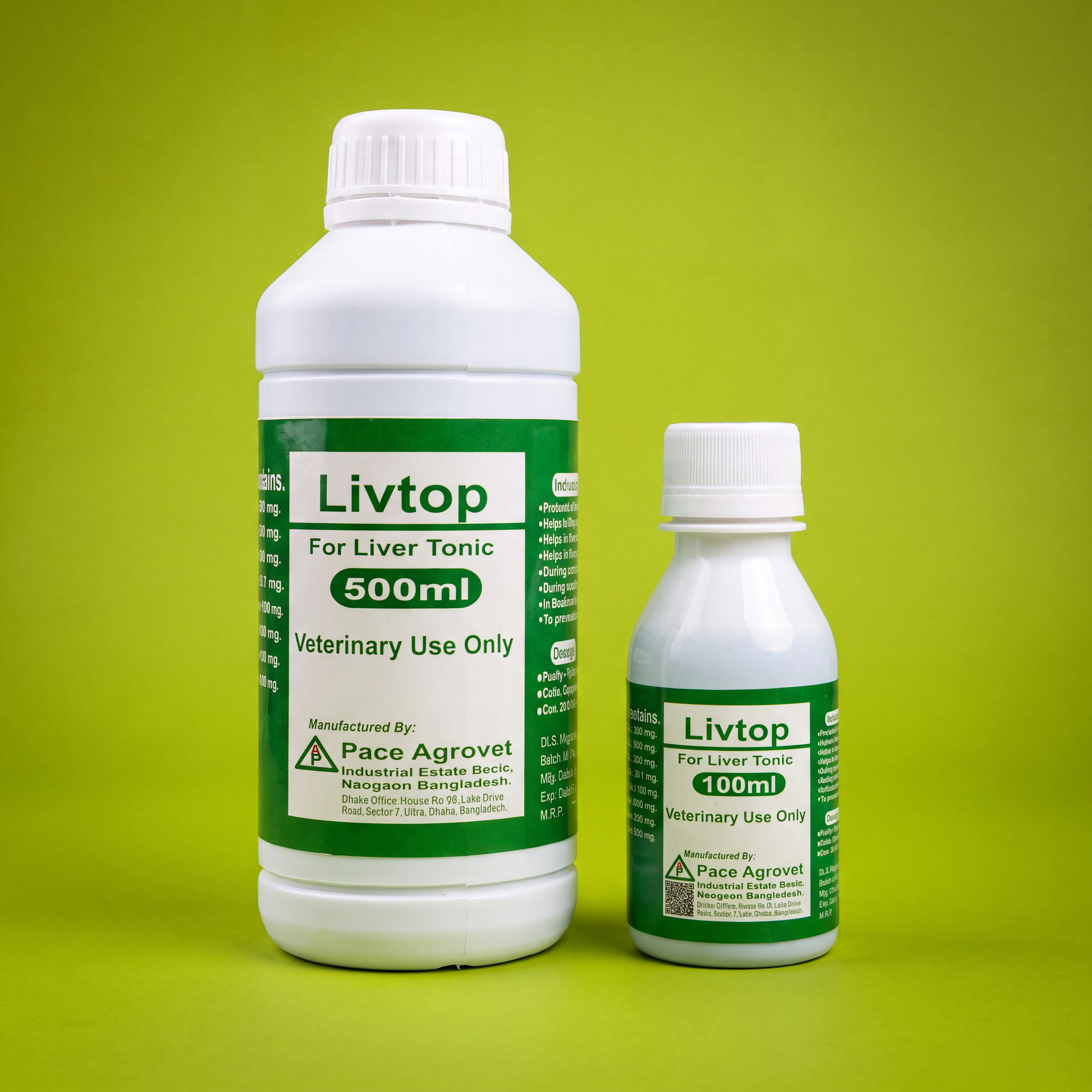 Two white bottles labeled Livtop For Liver Tonic, one 500ml and one 100ml, with green and white labels for veterinary use, placed against a bright green background.