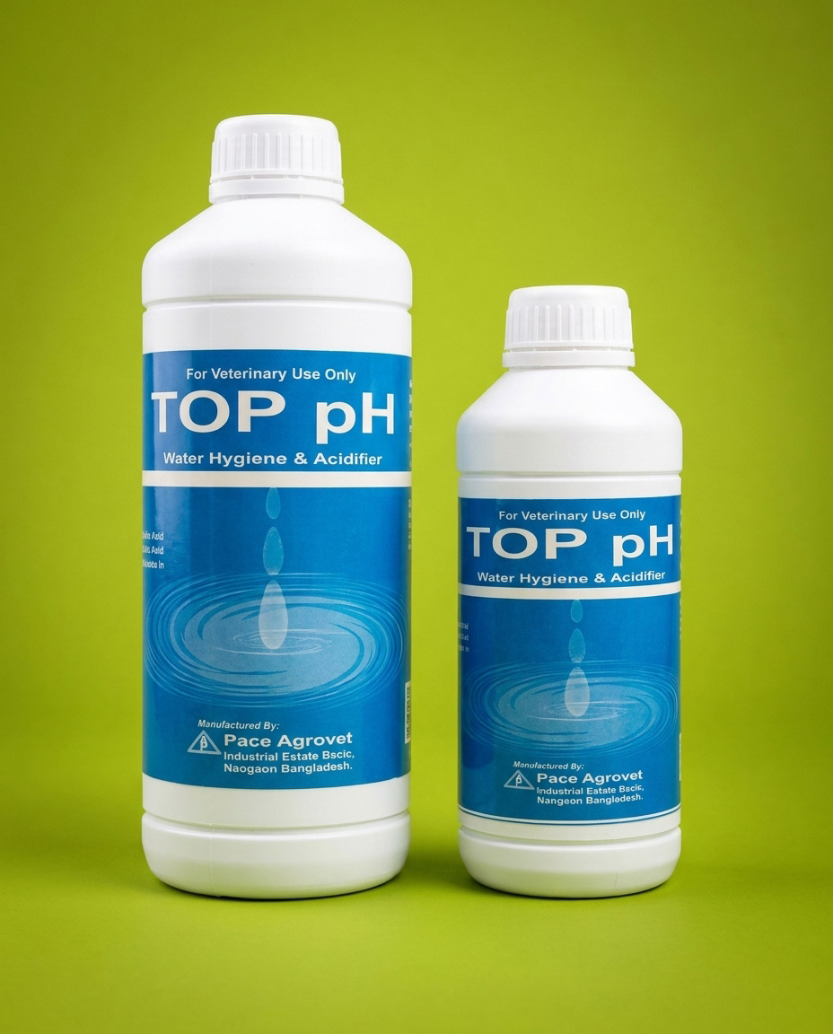 Two white bottles labeled TOP pH Water Hygiene & Acidifier for veterinary use, standing on a green background. The left bottle is larger than the right. Both have blue labels with a water droplet graphic.