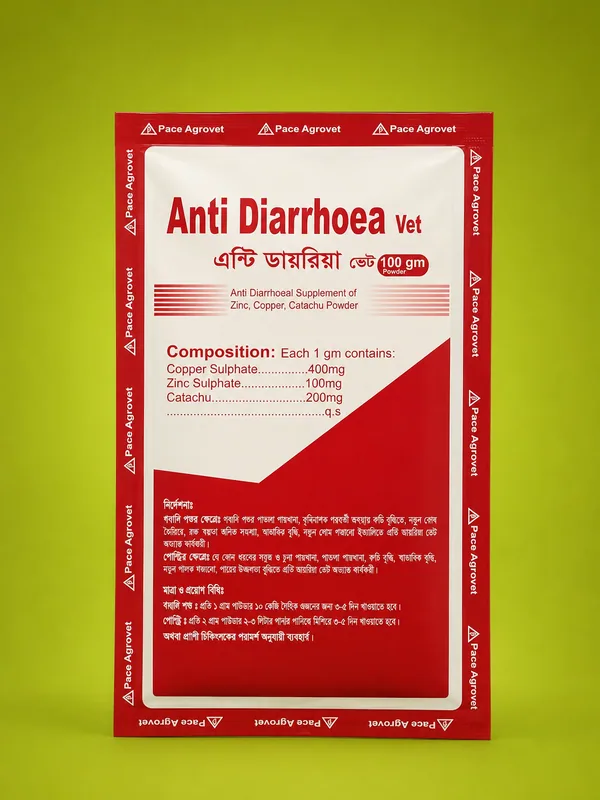 Anti Diarrhoea Vet 100 gm Powder packet by Pace Agrovet featuring Zinc, Copper, and Catachu ingredients.